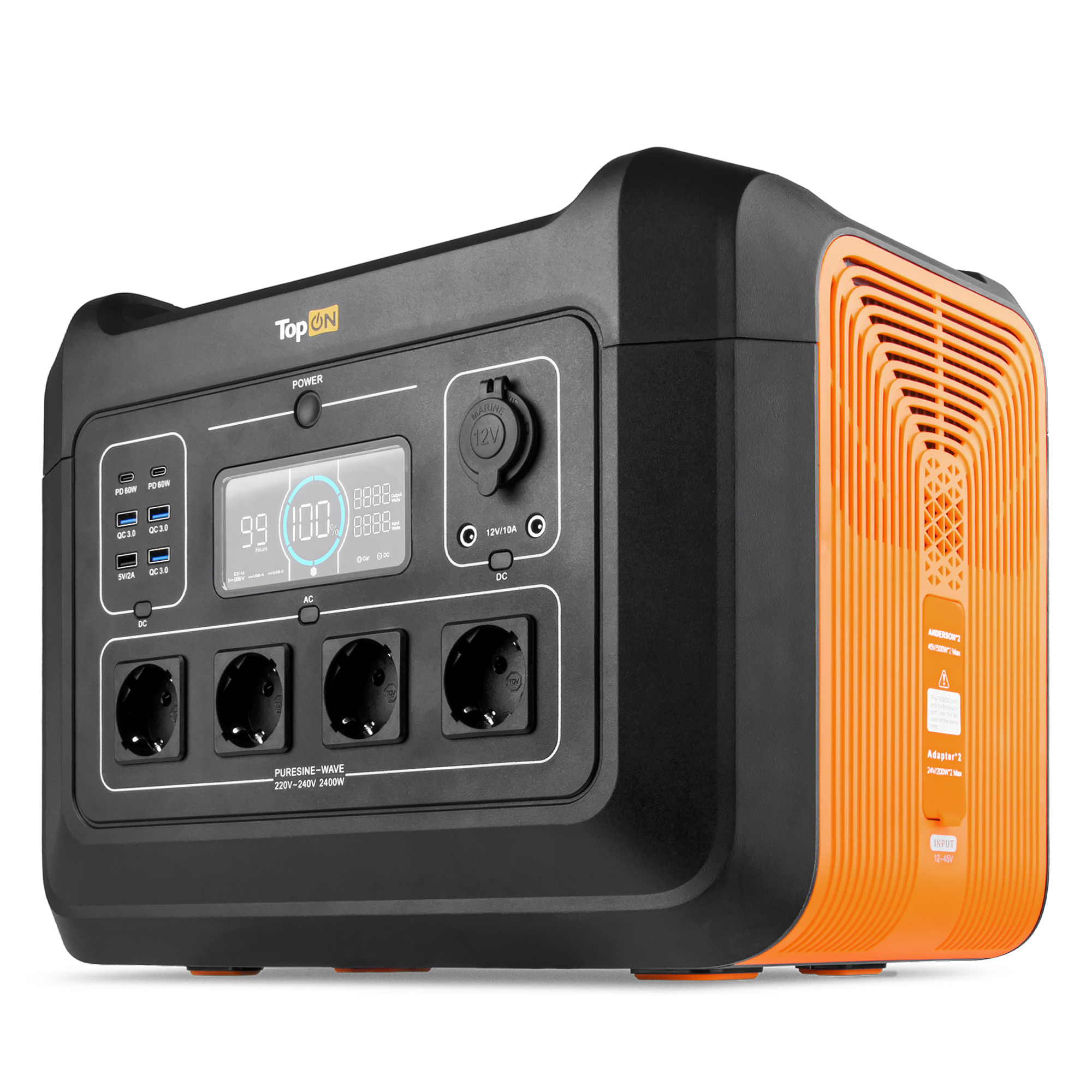 Портативная электростанция TopON TOP-X2400 2232 Втч LFP 4 розетки 220 В 2400 Вт, авторозетка 120 Вт, 2 DC, 2 Type-C PD 60 Вт, 3 USB QC 18 Вт USB 10 Вт
