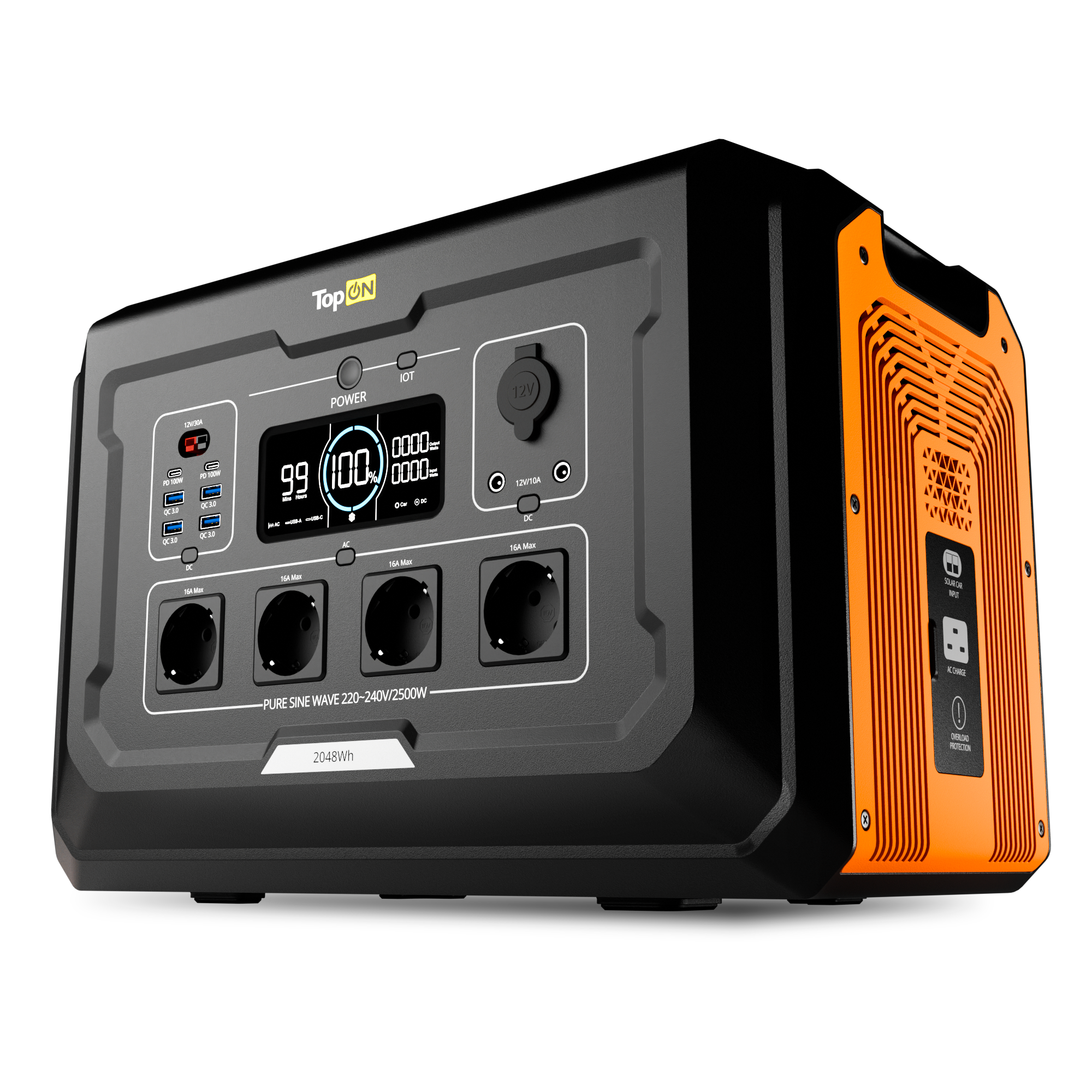Портативная электростанция TopON TOP-X2500 2048 Втч LFP 4 розетки 220 В 2500 Вт, HPP Anderson 360 Вт, авторозетка 120 Вт, 2 DC, 2 Type-C PD 100 Вт, 4 USB QC 18 Вт, iOT